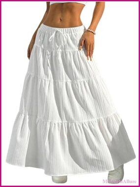 Boho Flowy White Maxi Skirt with Ruffled Hem Elastic Waist A Line